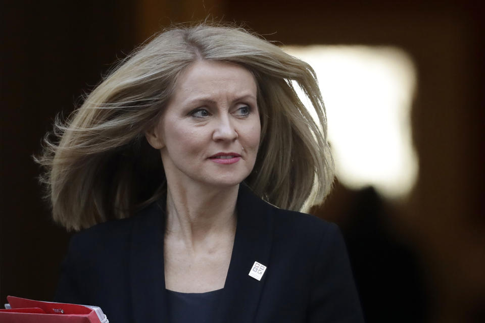 FILE - In this Tuesday, Nov. 13, 2018 file photo, Britain's Secretary of State for Work and Pensions Esther McVey leaves after a cabinet meeting at 10 Downing Street in London. British Work and Pensions Secretary Esther McVey resigns over Brexit; the second Cabinet minister to step down Thursday Nov. 15, 2018. (AP Photo/Matt Dunham, File)