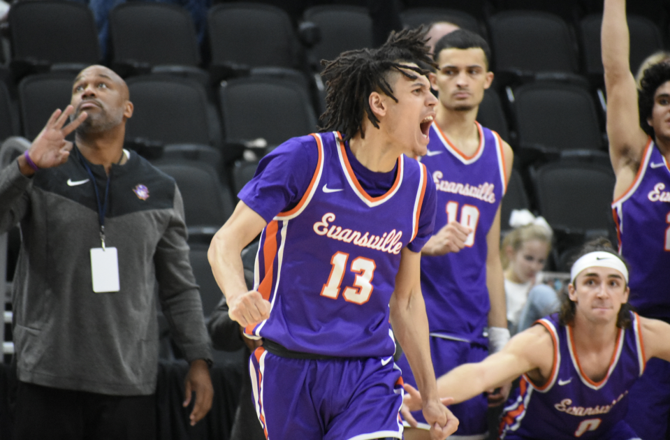 Blaise Beauchamp celebrates after hitting a 3 against Robert Morris.