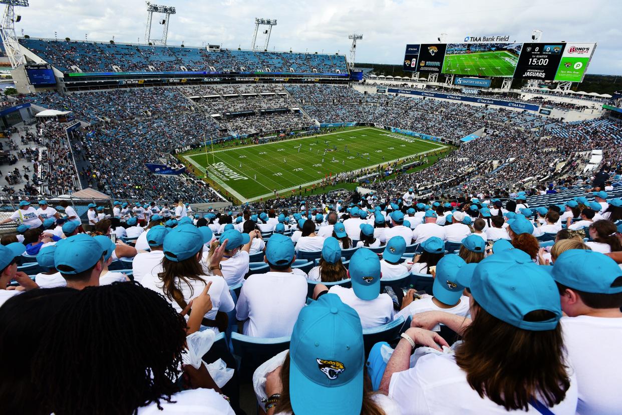 Jaguars fans in the East stands watch the opening kickoff against the Raiders on Nov. 6. The Jags play host to Baltimore on Sunday.