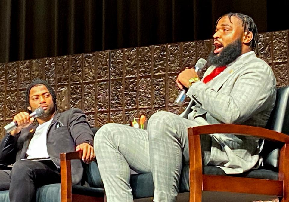 Former Clemson running back Darien Rencher, left, speaks with Christian Wilkins, Miami Dolphin NFL player and former Clemson Tiger at The ACE Awards (Advocates for Character and Education) at Bob Jones University May 10, 2022. 