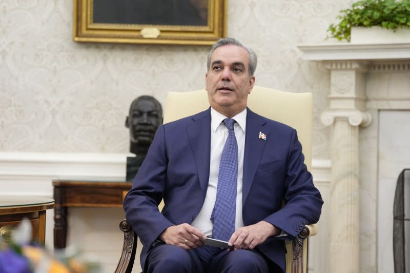 President Luis Abinader of the Dominican Republic engages in a meeting at the White House on Thursday. Photo by Chris Kleponis/ UPI