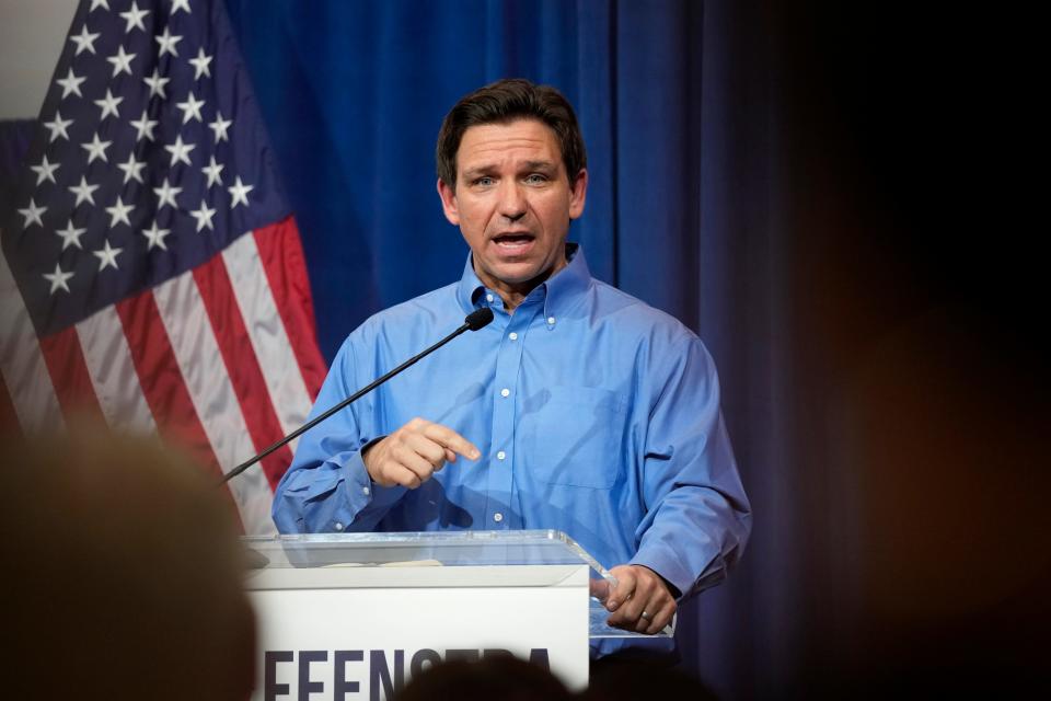 Florida Gov. Ron DeSantis speaks during a fundraising picnic for U.S. Rep. Randy Feenstra, R-Iowa, Saturday, May 13, 2023, in Sioux Center, Iowa.