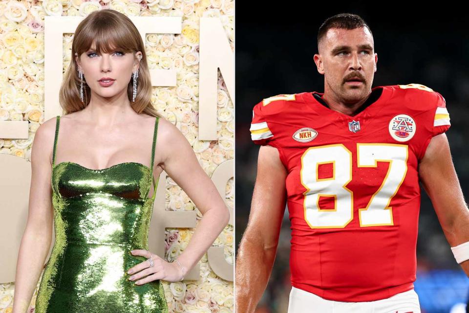 <p>Monica Schipper/GA/The Hollywood Reporter via Getty ;  Kevin Sabitus/Getty</p> Taylor Swift, Travis Kelce.