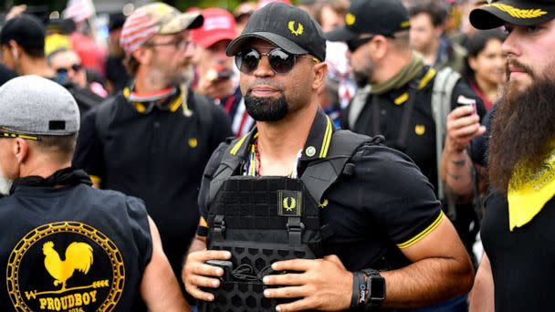 PHOTO: Enrique Tarrio and members of the Proud Boys attend a rally in Portland, Ore., Aug. 17, 2019. (Noah Berger/AP, File)