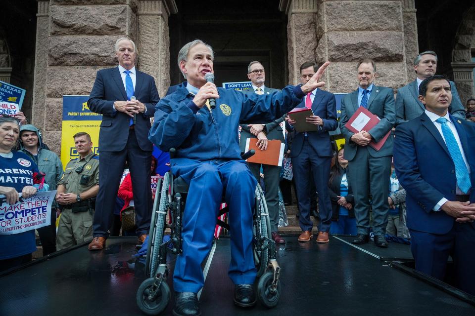 Gov. Greg Abbott speaks on the north steps of the State Capitol to supporters at a Texas Public Policy Foundation Parent Empowerment rally on Tuesday, March 21, 2023. Governor Abbott and his supporters are pushing to have a voucher system, also known as school choice, which will involve the state matching a percentage of funding for students to go to private schools and another percentage will go to public schools in the state of Texas.