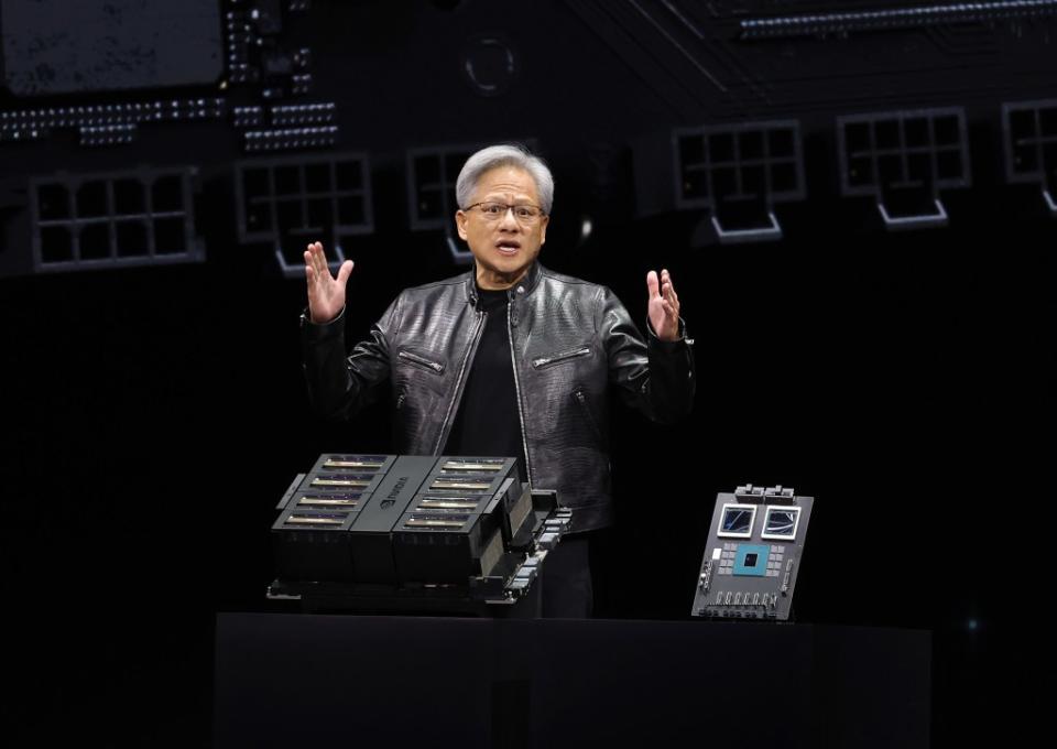 Nvidia CEO Jensen Huang wearing his trademark black leather jacket on Monday. Getty Images