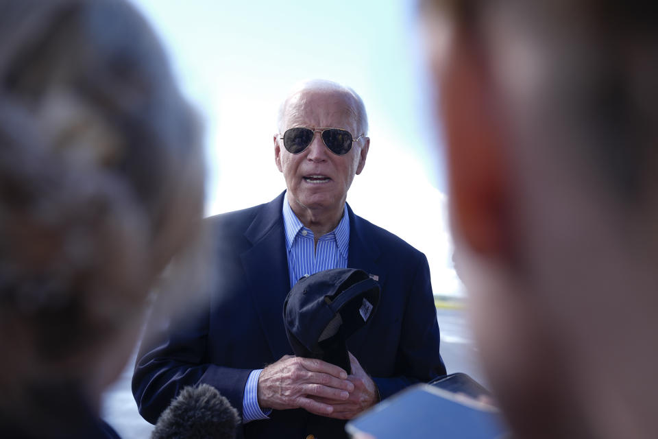 President Biden speaks to reporters after a campaign stop in Madison, Wis., on July 5. (AP Photo/Manuel Balce Ceneta)