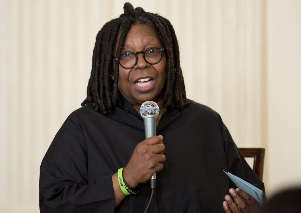 FILE - Whoopi Goldberg speaks during the Broadway at the White House event in the State Dining Room of the White House in Washington, Monday, Nov. 16, 2015. Goldberg has apologized in a tweet Monday, Jan. 31, 2022, for saying the Holocaust was not about race. Her initial comments Monday morning on ABC’s ‘’The View" caused a backlash. (AP Photo/Carolyn Kaster, File)