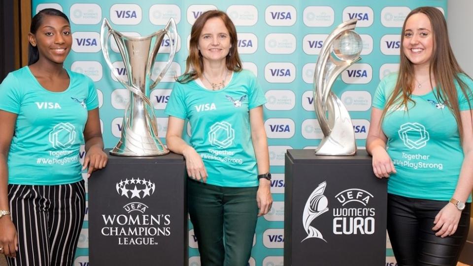 Charlotte Hogg (centre), CEO of Visa Europe announcing Visa'a UEFA partnership, joined by Visa apprentices, Munirah Sawyers (left) and Olivia Ironmonger (right). Photo: Visa Inc