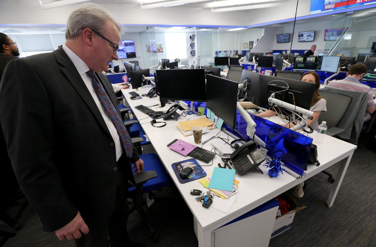 Many cards are showing their way to the desk of WNDU-TV television journalist Terry McFadden Tuesday, Feb. 27, 2024, at the WNDU-TV station in South Bend. McFadden is retiring from his duties as news anchor.