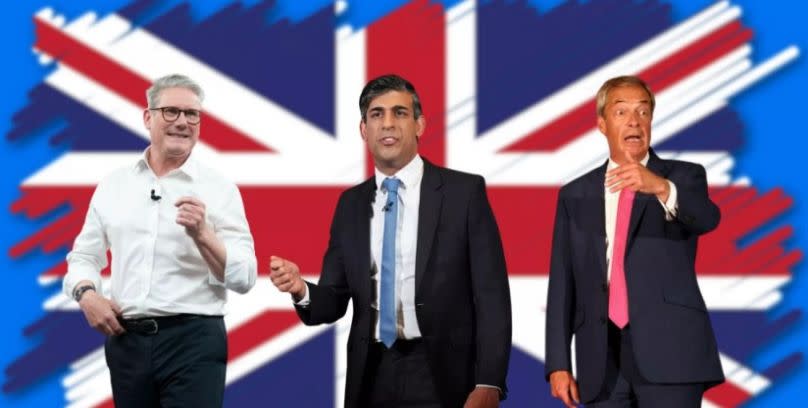 Rishi Sunak, Keir Starmer, Nigel Farage -