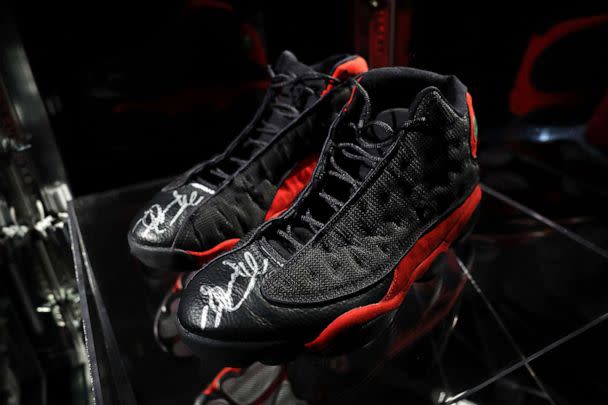 PHOTO: Michael Jordan's 1998 NBA Finals Game 2 Air Jordan XIIIs are on display, April 5, 2023, part of a collection of sports artifacts to go up for auction at Sotheby's in New York City. (Cindy Ord/Getty Images)