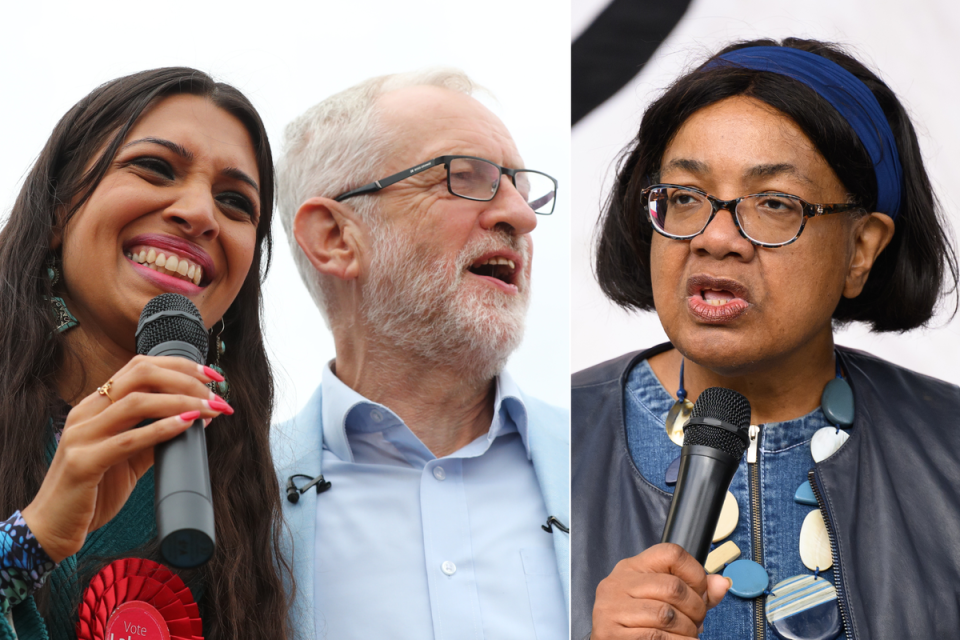 Faiza Shaheen, Jeremy Corbyn, and Diane Abbott (L to R) (Getty Images)