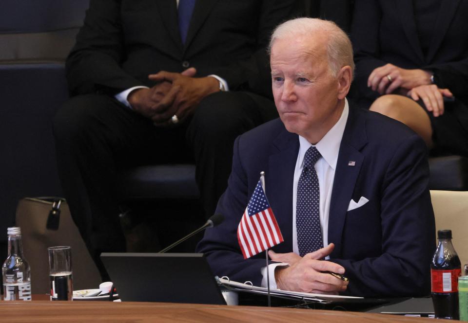 President Biden looks on as he attends a meeting during a summit at NATO headquarters in Brussels on March 24, 2022. / Credit: EVELYN HOCKSTEIN/POOL/AFP via Getty Images