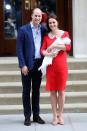 <p>Will and Kate <a href="https://www.harpersbazaar.com/celebrity/latest/a19823662/kate-middleton-prince-william-first-royal-baby-photos/" rel="nofollow noopener" target="_blank" data-ylk="slk:introduced;elm:context_link;itc:0;sec:content-canvas" class="link ">introduced</a> the world to their third child, Prince Louis on April 23. As the couple made their way to the steps of Lindo Wing, the Duchess of Cambridge wore a red Jenny Packham dress with a white lace Peter Pan collar. </p>