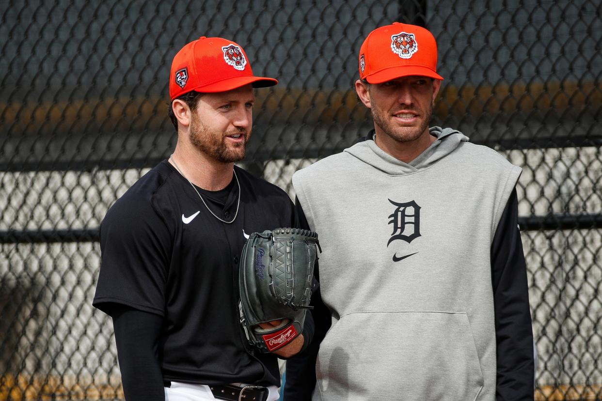 Detroit Tigers pitcher Casey Mize talks to pitching coach Chris Fetter during spring training at TigerTown in Lakeland, Fla. on Friday, Feb. 16, 2024.