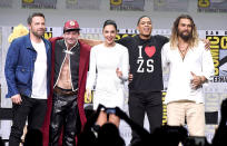 <p>Ben Affleck, Ezra Miller, Gal Gadot, Ray Fisher, and Jason Momoa at the Warner Bros. Pictures Presentation at Comic-Con on July 22, 2017 in San Diego. (Photo: Kevin Winter/Getty Images) </p>