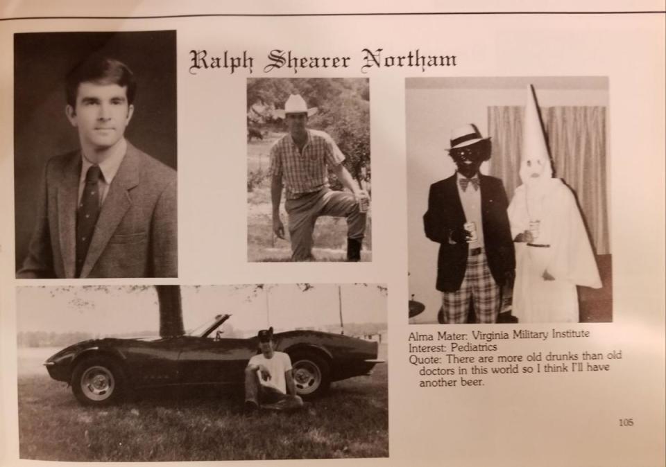 Ralph Northam 的畢冊照片，他為照片中左側的扮黑臉男性，與 3K 黨員站在一起，他則稱只是萬聖節戲服