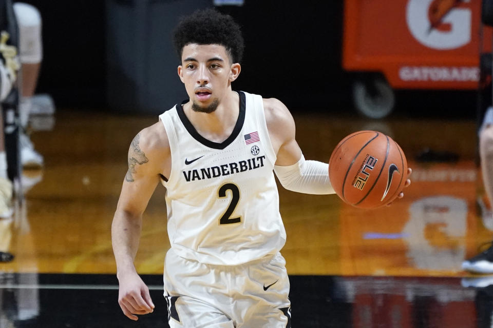 Vanderbilt guard Scotty Pippen Jr. (2) brings the ball down the court against Mississippi State in the first half of an NCAA college basketball game Saturday, Jan. 9, 2021, in Nashville, Tenn. (AP Photo/Mark Humphrey)