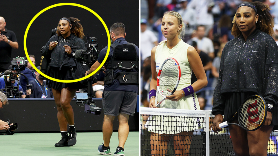 Serena Williams (pictured left) walking out onto Arthur Ashe Stadium and (pictured right) Williams taking a photo with Anett Kontaveit.