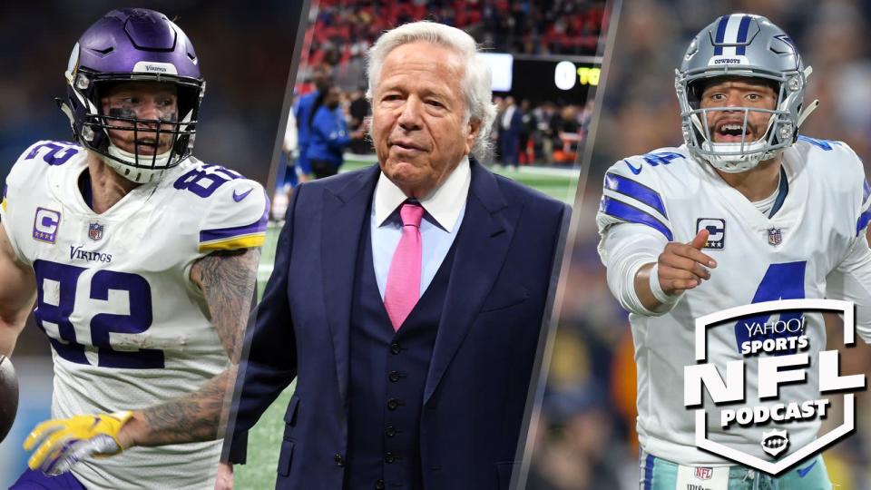 Minnesota Vikings TE Kyle Rudolph, New England Patriots owner Robert Kraft and Dallas Cowboys QB Dak Prescott are in the headlines this week and discussed on the Yahoo Sports NFL Podcast (Credit L to R: Jorge Lemus/NurPhoto via Getty Images; Kevin Winter/Getty Images; Jordon Kelly/Icon Sportswire via Getty Images)