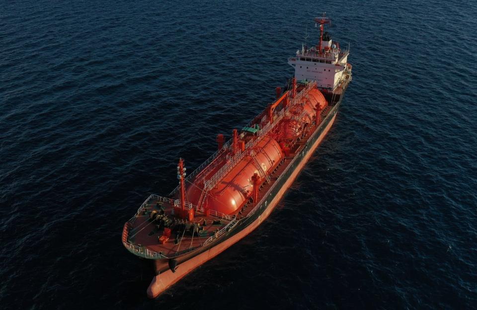 The liquefied petroleum gas tanker GAZ INTERCEPTOR, flying the Panama flag, is moored off the coast of Cyprus. Limassol, Cyprus, Friday, January 26, 2024 because of attacks by Yemen's Houthi rebels in the Red Sea.