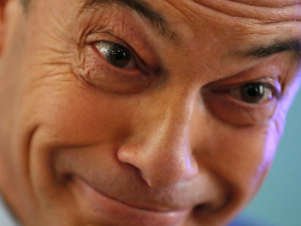 Brexit party leader Nigel Farage smiles as he campaigns in Hartlepool, England, Monday, Nov. 11, 2019. Hartlepool has elected lawmakers from the left-of-center Labour Party for more than half a century. But in 2016, almost 70% of voters here backed leaving the European Union. More than three years later, the U.K. is still an EU member, and loyalty to Labour has been eroded by frustration. (AP Photo/Frank Augstein)