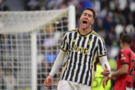 Juventus' Dusan Vlahovic reacts during a Serie A soccer match between Juventus and Milan at the Allianz Stadium in Turin, Italy, Saturday, April 27, 2024. (Marco Alpozzi/LaPresse via AP)