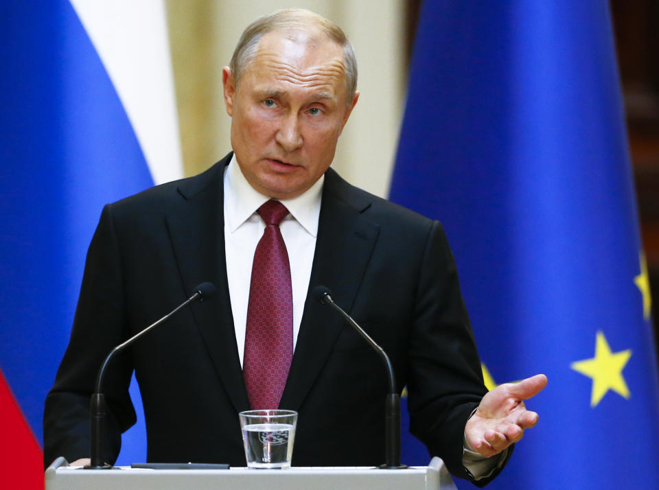 Russian President Vladimir Putin speak during a news conference after his meeting with President of the Republic of Finland Sauli Niinisto at the President's official residence Mantyniemi in Helsinki, Finland, Wednesday, Aug. 21, 2019. (AP Photo/Alexander Zemlianichenko, Pool)