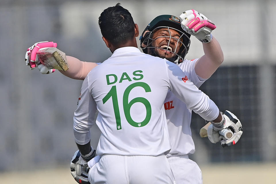 Liton Das, pictured here celebrating with Mushfiqur Rahim during the second Test between Sri Lanka and Bangladesh.