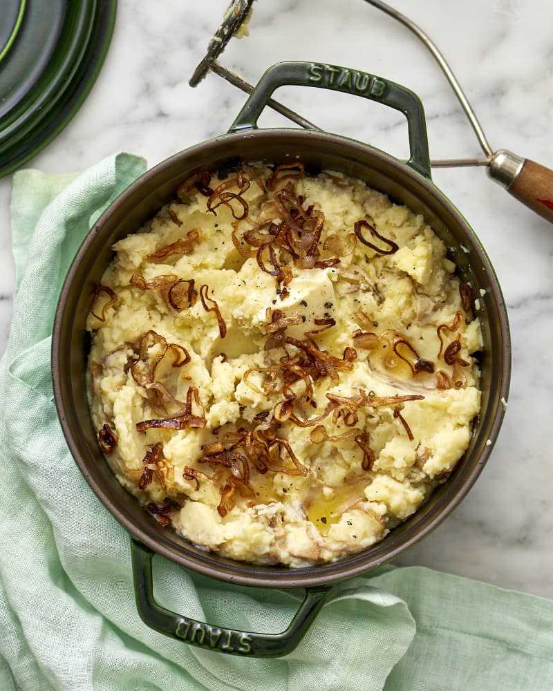 Sour Cream Smashed Potatoes with Fried Shallots 