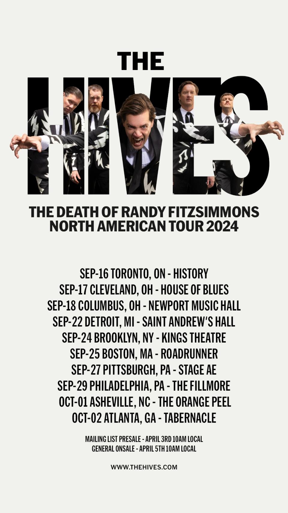 The Hives 2024 US tour dates poster Foo Fighters Green Day North America Canada New York Boston Philadelphia 