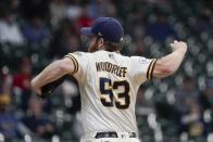 Milwaukee Brewers starting pitcher Brandon Woodruff throws during the first inning of a baseball game against the St. Louis Cardinals Wednesday, May 12, 2021, in Milwaukee. (AP Photo/Morry Gash)