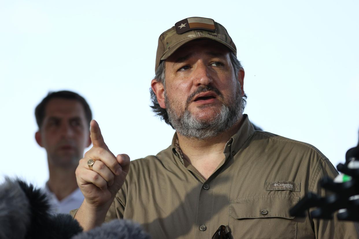 <p>Sen. Ted Cruz (R-TX) speaks to the media after a tour of part of the Rio Grande river on a Texas Department of Public Safety boat on March 26, 2021 in Mission, Texas.</p> (Photo by Joe Raedle/Getty Images)