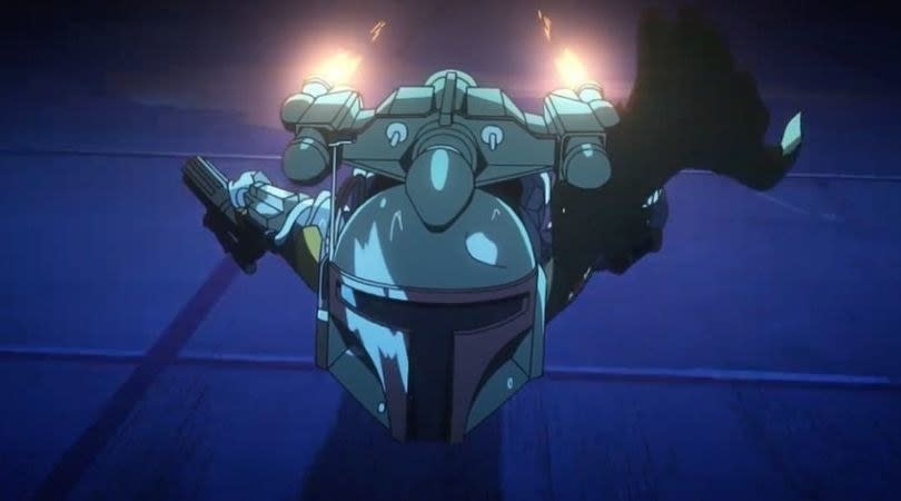 Animated Boba Fett uses jetpack