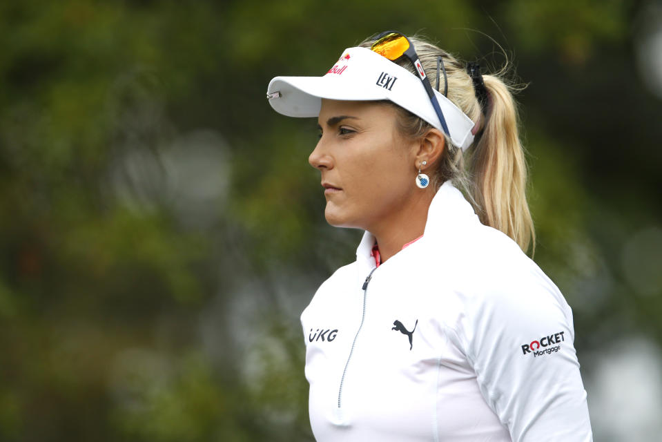 Lexi Thompson walks to the second hole during the third round of the Cognizant Founders Cup golf tournament Saturday, Oct. 9, 2021, in West Caldwell, N.J. (AP Photo/Noah K. Murray)