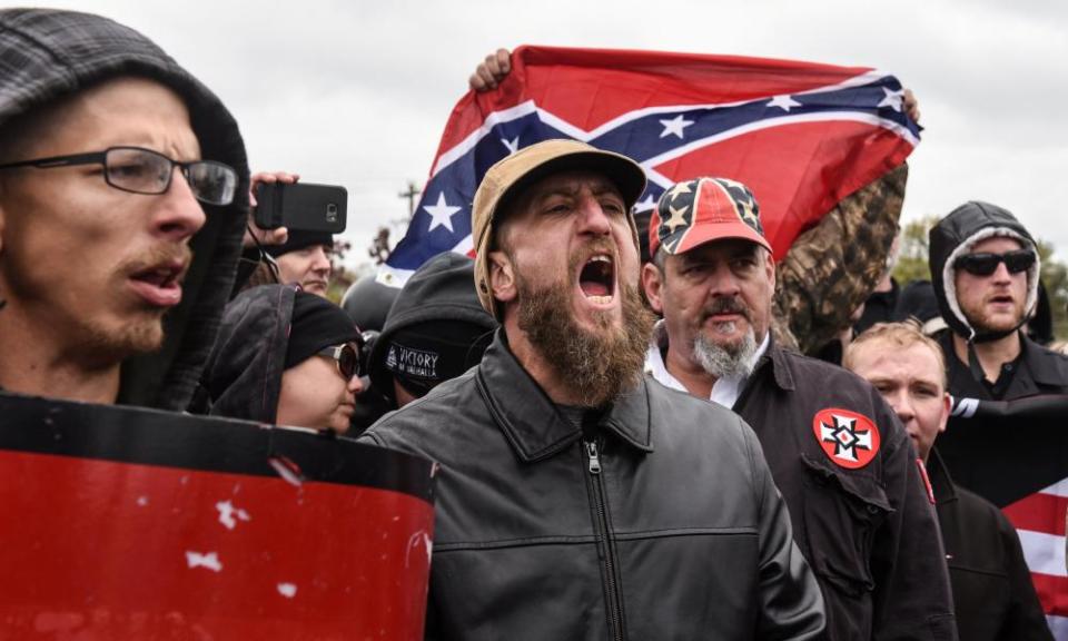 Participants in a “White Lives Matter” rally in Shelbyville, Tennessee, on 28 October. A woman has alleged that a group of white nationalists assaulted her after the march.