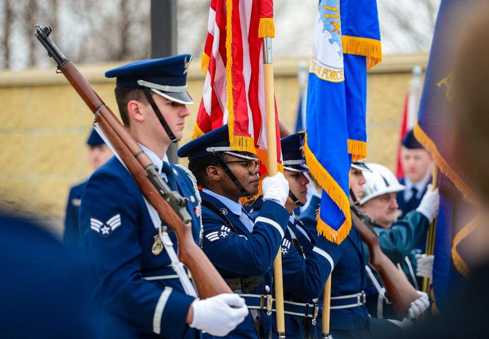 The Malmstrom Air Force Base Honor Guard presents the colors at Thursday's Veterans Day ceremony at the Montana Veterans Memorial.