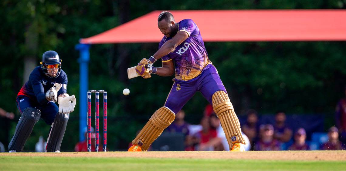 The Los Angeles Knight Riders Andre Russell (12) bats against the Washington Freedom during a Major League Cricket match on Thursday, July 20, 2023 at Church Street Park in Morrisville, N.C.