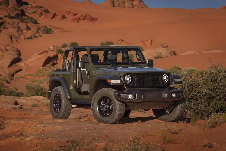 This photo provided by Jeep shows the 2024 Wrangler Willys. Highlights of the Willys trim include 33-inch all-terrain tires, side rock rails and locking rear differential. (Courtesy of Stellantis via AP)