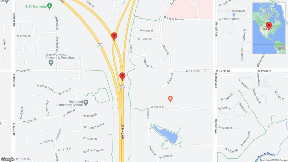 A detailed map that shows the affected road due to 'Broken down vehicle on northbound US-69 in Overland Park' on December 29th at 4:18 p.m.