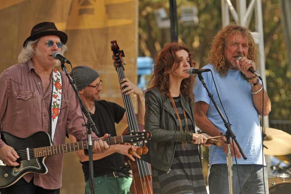 Buddy Miller, Patty Griffin and Robert Plant performing with 'The Band of Joy' at the Hardly Strictly Bluegrass festival  in Golden Gate Park in San Francisco, on October 2, 2011