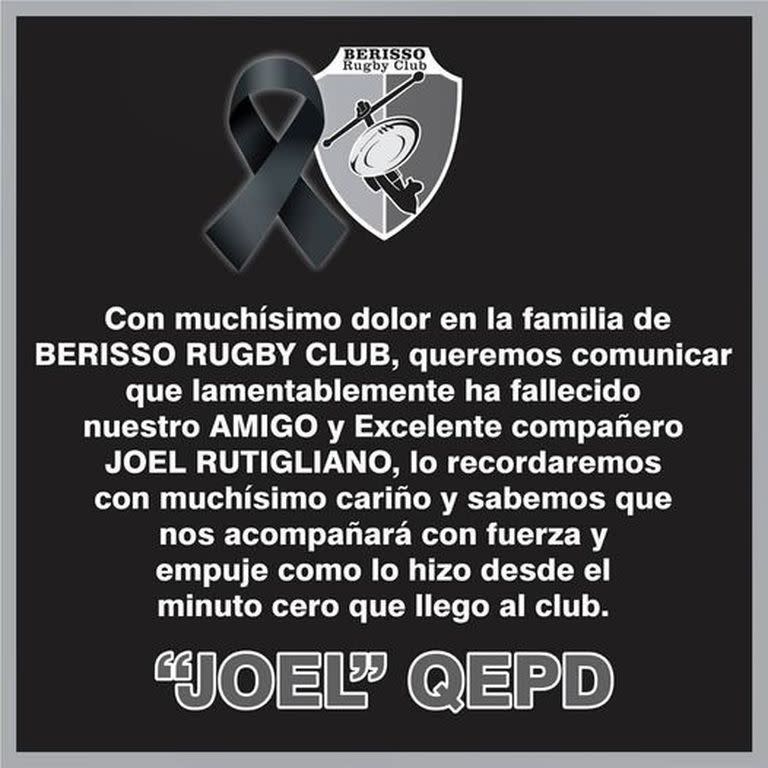 El mensaje de Berisso Rugby Club para Joel Rutigliano