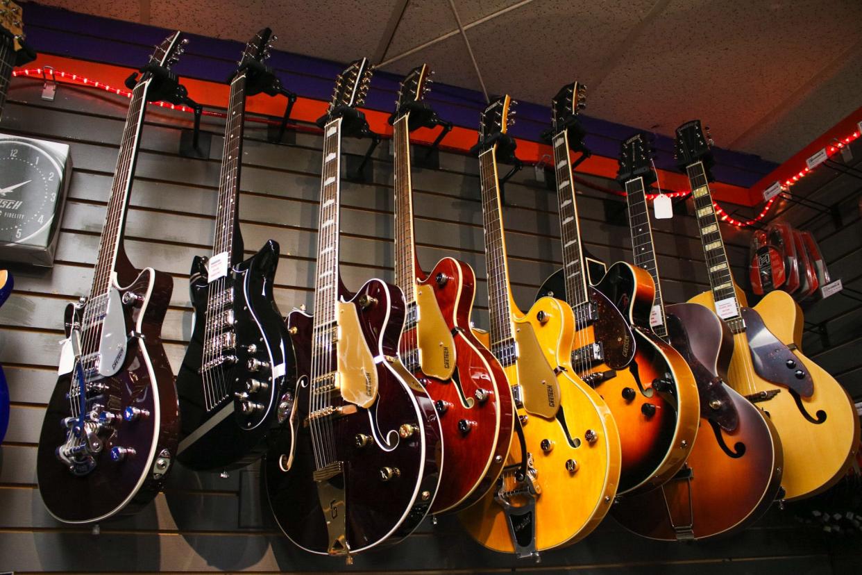 Various Gretsch guitars on display at S.M. Hanson Music.