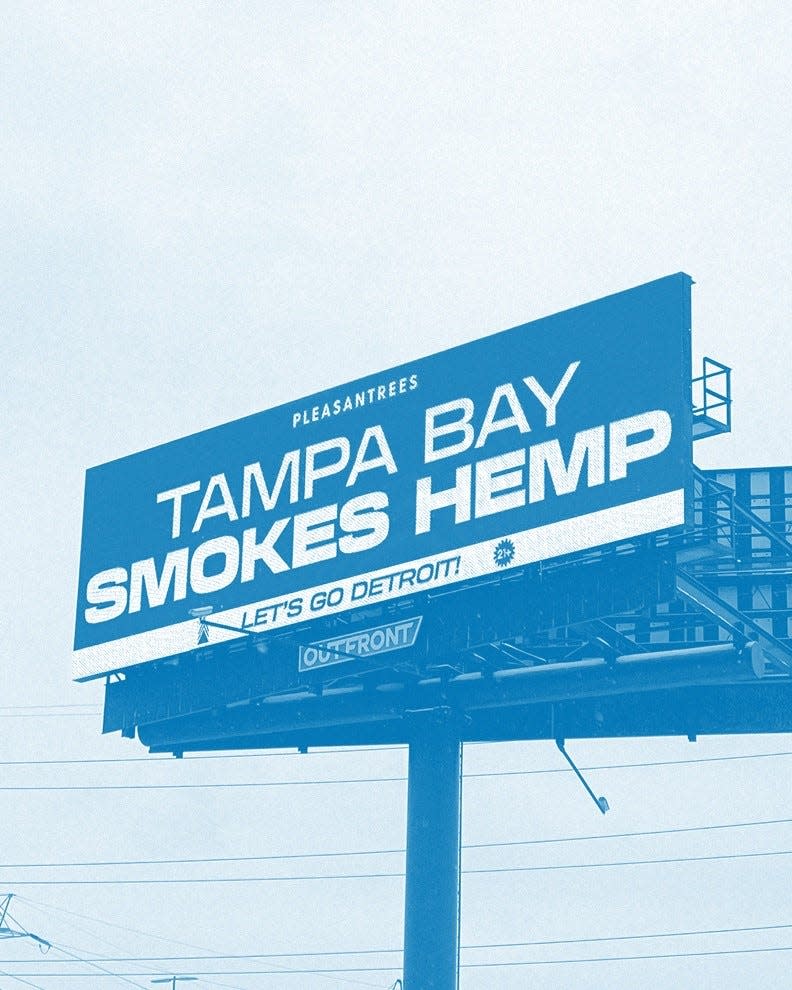 Ahead of the Detroit Lions playoff game against the Tampa Bay Buccaneers on Sunday, Jan. 21, 2024, the Michigan cannabis company Pleasantrees put up a billboard on I-75 poking fun at the fact that Florida doesn't allow the recreational use of marijuana.