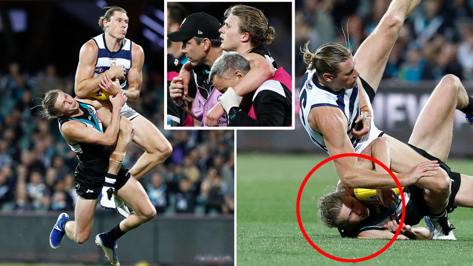 Pictured here, Port Adelaide's Xaxier Duursma is helped off the field after being concussed against Geelong.