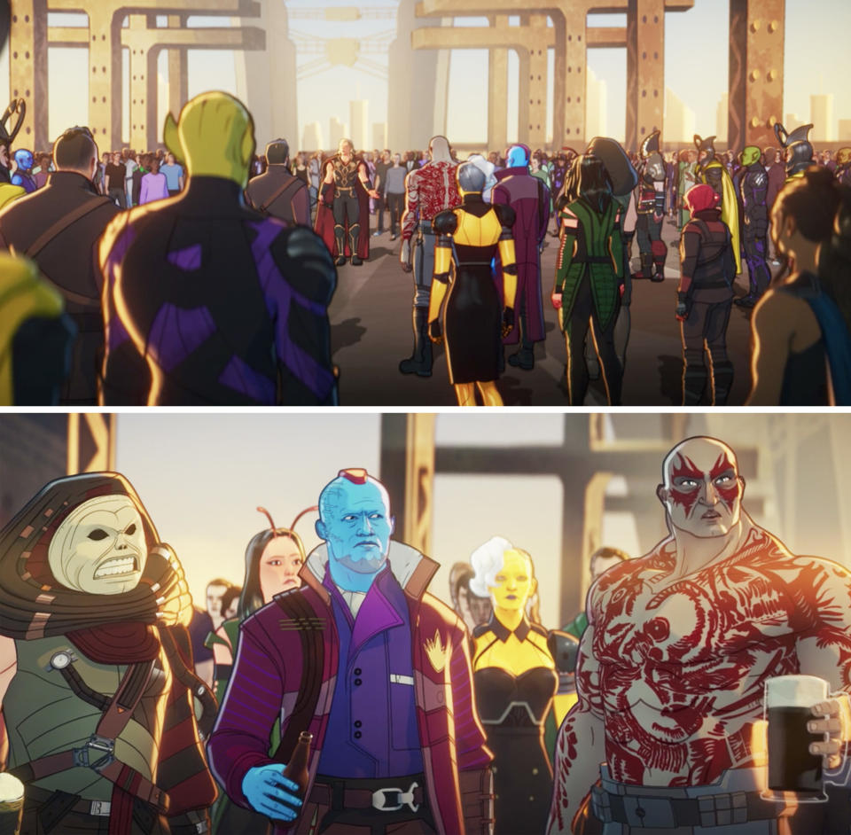 Back view of the animated crowd vs front view showing Yondu standing next to Drax