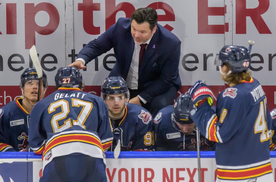 Peoria Rivermen head coach Jean-Guy Trudel tries to rally his team against Roanoke in the third period of Game 3 of the SPHL semifinals Sunday, April 23, 2023 at Carver Arena.