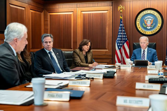<p>Adam Schultz/Official White House Photo</p> Vice President Kamala Harris joined President Joe Biden (on her left) and Secretary of State Antony Blinken (on her right) in the Situation Room amid the war in Israel and Gaza on Oct. 23