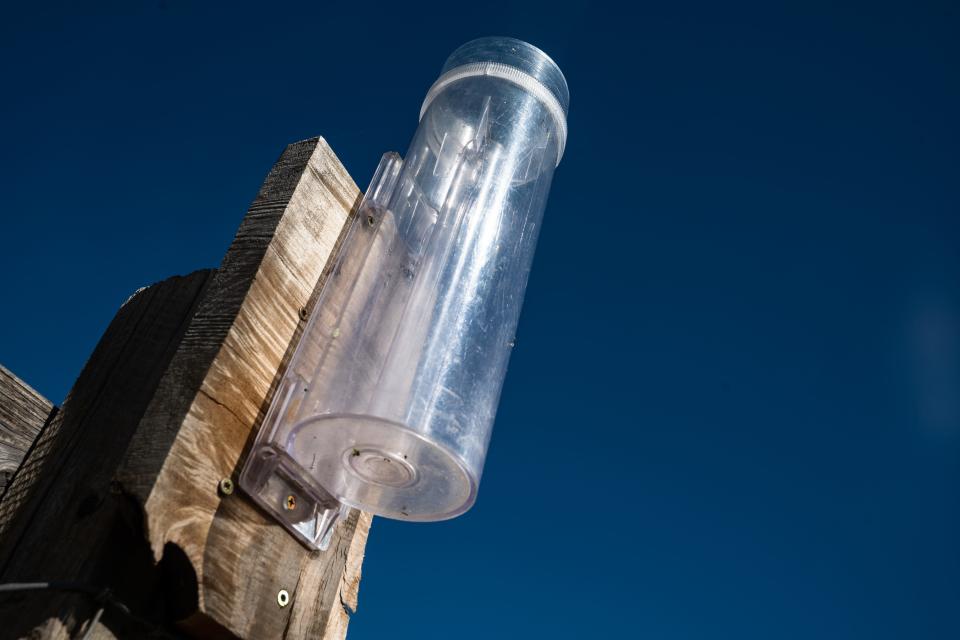 A rain gauge used to gather data for the Community Collaborative Rain, Hail and Snow Network at Nolan Doesken's Fort Collins home on July 12.